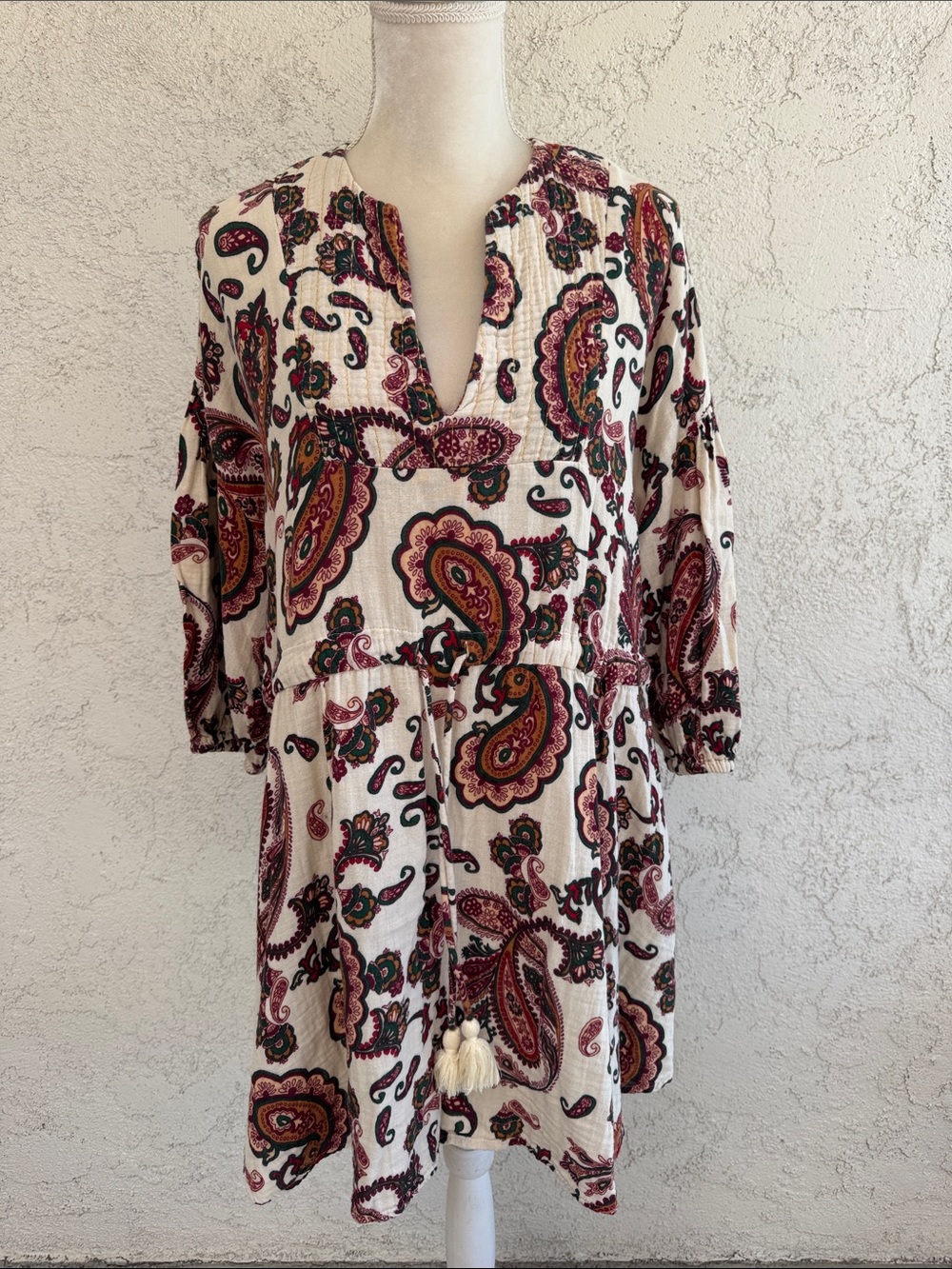 ZARA Cream drawstring V-Neck Boho Tunic Top Dress size Large made in India